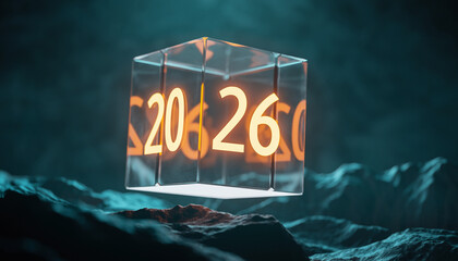A dramatic 3D render showing a glowing, transparent glass cube with the bright orange numbers "2026" inside, floating over dark, rugged, rocky terrain. This futuristic image symbolizes the arrival of 