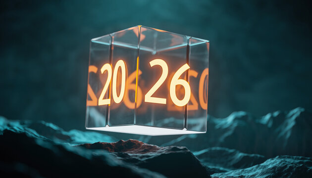 A dramatic 3D render showing a glowing, transparent glass cube with the bright orange numbers "2026" inside, floating over dark, rugged, rocky terrain. This futuristic image symbolizes the arrival of