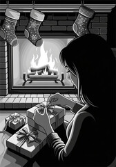 A woman seen from over the shoulder carefully wrapping Christmas presents.