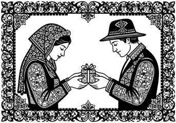 Black and white illustration of a couple in traditional folk costumes exchanging a gift.