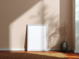 Minimalist interior with a vertical white frame mockup, vase, and sunlit shadows.