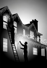 Silhouettes of two people decorating a house with festive Christmas lights.