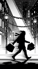 Dynamic black and white silhouette of a person rushing with shopping bags.