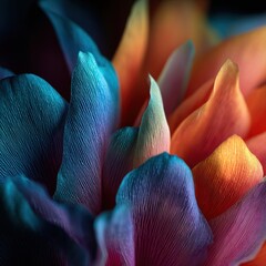 Macro view of vibrant, textured flower petals in a spectrum of blues, purples, and oranges.
