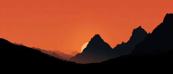 Minimalist mountain landscape silhouette at sunset with vibrant orange sky