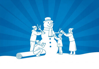 Illustration of a family building a snowman together in winter.