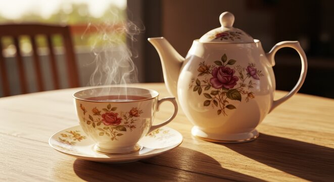 Steaming hot beverage served in ornate porcelain cup and matching pot rests upon wooden surface - Powered by Adobe