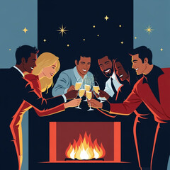 A diverse group of friends celebrating together by a cozy fireplace.