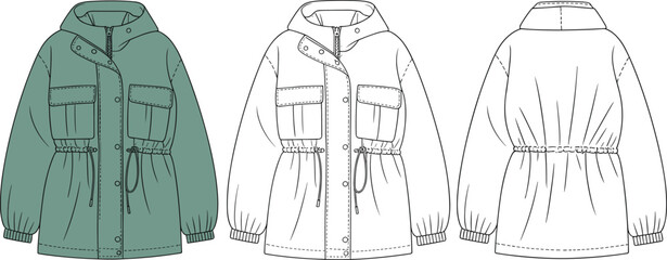 Hooded parka jacket, front and back view, technical sketch, drawstring waist, flap pockets, fashion design, garment illustration, outerwear template