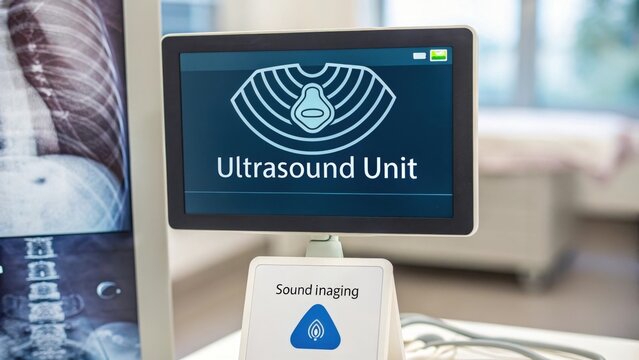 Ultrasound unit displaying abdominal scan imagery