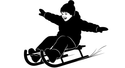 Joyful child in winter clothes sledding down a snowy slope.