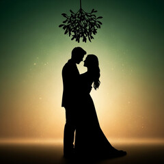 Romantic silhouette of a couple embracing under the mistletoe.