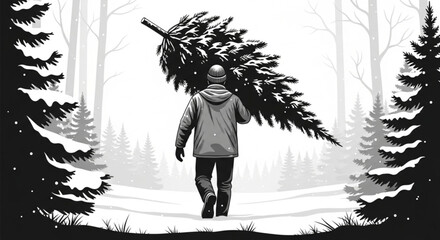 Man in winter clothing carrying a large Christmas tree on his shoulder.