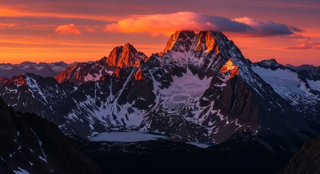Majestic mountains at sunset with snow-capped peaks and golden light