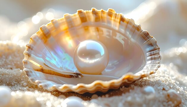 Lustrous Pearl Inside an Open Clam Shell on Sparkling Sand