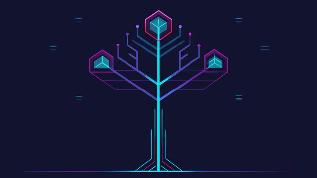 Abstract futuristic tree with neon lines and geometric shapes against a dark background illustration is shown