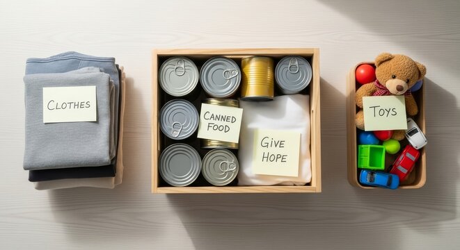Overhead shot of boxes containing donated items clothes food toys for charity organization or community drive project concept - Powered by Adobe