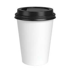 White paper coffee cup with black lid on black background