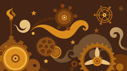 Steampunk themed illustration with gears torch stars and swirls on a brown background design element art work