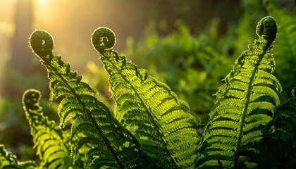 Sunlight illuminates unfurling fern fronds in a lush green forest.