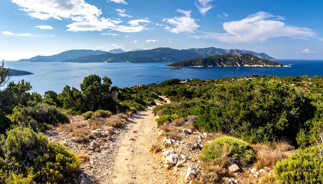 Scenic coastal view with a dirt path leading to the sea. - Powered by Adobe
