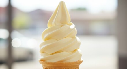 Smooth vanilla frozen dessert swirls attractively from a crisp wafer cone