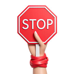 Hand holding up a red, octagonal stop sign