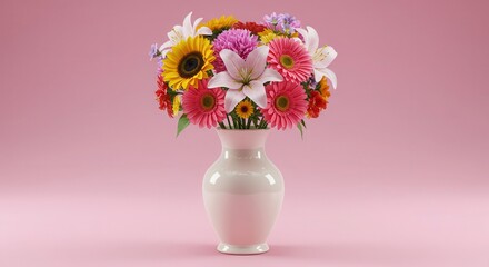 Obraz premium Colorful mixed flower arrangement displayed in a white ceramic vase against a soft pink background