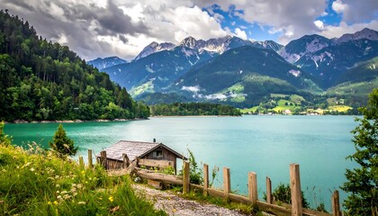 Scenic Lake and Mountain Landscape with Wooden Cabin.