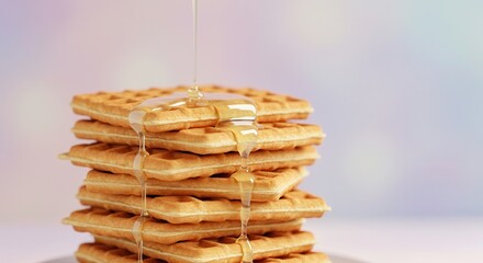 Stack of golden baked grid cakes receives a generous pour of sweet golden syrup