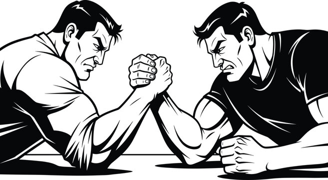 Monochrome Vector Illustration of Two Strong Men Engaged in an Intense Arm Wrestling Match, Symbolizing Competition, Challenge, Power, and Business Rivalry or Partnership.