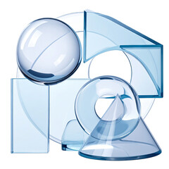Blue, transparent shapes sphere, cone, square, arch