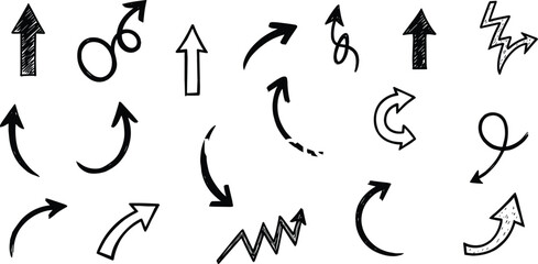 Set of diverse doodle arrows vector icons featuring various hand-drawn styles, directions, and textures like scribbled, curvy, zig-zag, and looping for graphic design or navigation elements.