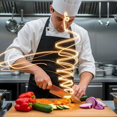 Professional chef in a commercial kitchen chopping vegetables with a sharp knife, demonstrating culinary skills and food preparation techniques