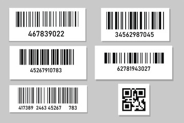 Damaged barcodes, crumpled QR code labels, product ID stickers with torn edges. Serial number badges, inventory barcode with peeling corner, pricing tags, ripped off package tracking codes vector set
