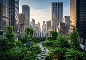 Fototapeta premium Urban Oasis Lush Rooftop Garden Amidst City Skyscrapers