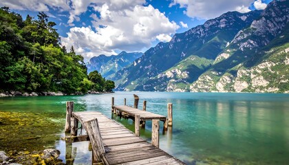 Scenic lake view with wooden pier and mountains.