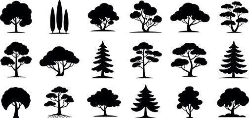 Tree silhouettes vector collection, forest icons, conifer evergreen deciduous, nature botanical, landscape elements, design graphics, illustration bundle set symbols