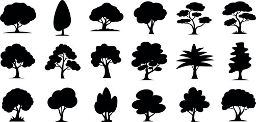 Tree silhouettes vector icons, nature forest clipart, deciduous conifer evergreen trees, landscape design elements, botanical illustration set, environment symbols bundle