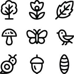 Flora and Fauna Outline Icons Set  Trees, Flowers, and Wildlife