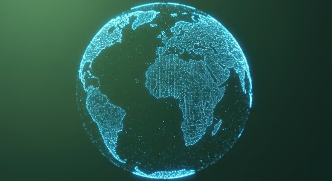 Digital glowing sphere representing the terrestrial globe floats against a dark green backdrop