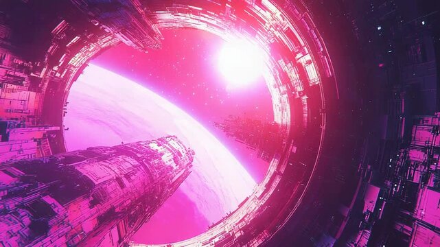 Futuristic space station orbiting alien planet with starfield