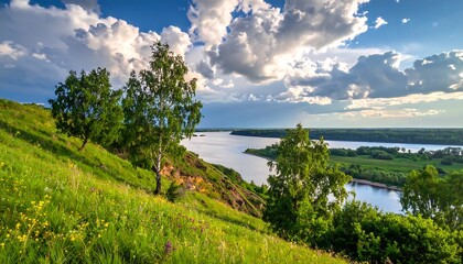 Scenic River Landscape with Lush Green Hillside and Cloudy Sky.
