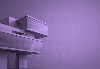 Modern building with geometric shapes and glass windows in purple tone.