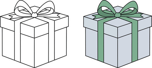 Isometric Gift Box Set with Outline and Color Version Vector on Transparent Background