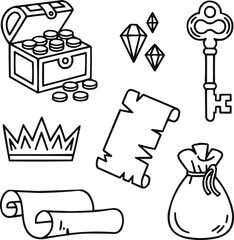 Ancient Treasure Outline Icons Set  Chests, Gems, and Gold Coins