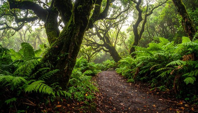 A scenic forest path surrounded by lush green foliage and trees