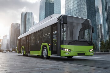 Modern Green and Black City Bus Driving on Paved Street with Glass Skyscrapers Background