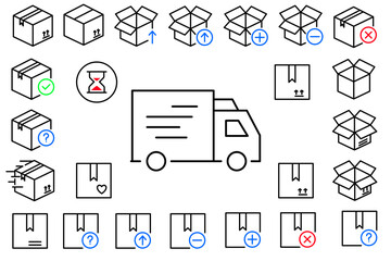 Shipping and Delivery Box Icon Set &ndash; Logistics, Packaging, Courier, Parcel Line Icons Collection
