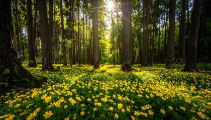 Sunlit Forest Floor - A Vibrant Landscape of Natures Beauty.